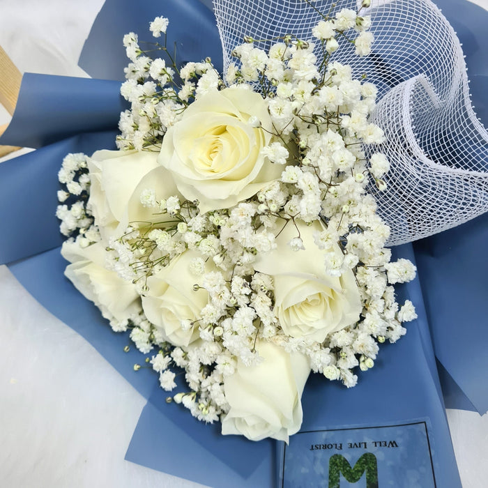 Pure Elegance - White Rose Hand Bouquet - Flower Bouquet - Flower Delivery Singapore - Well Live Florist