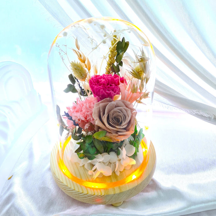 Preserved rose, carnation, hydrangea and dried foliage