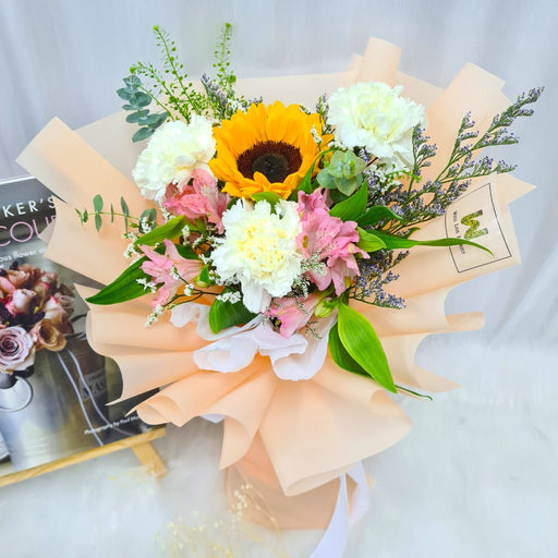 Sunlit Joy - Sunflower Hand Bouquet - Flower Bouquet - Carnation - Flower Delivery Singapore - Well Live Florist