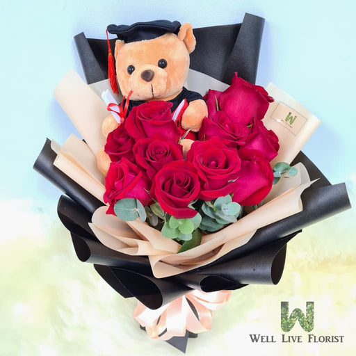 Hand Bouquet of Fresh Cut Red Color Roses and Graduation Bear 