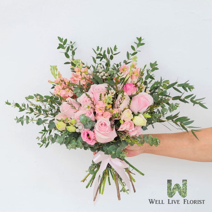Fresh Cut Roses, Eustoma, Wax Flower, Matthiola and Foliage Bridal Bouquet