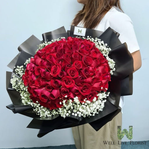 Hand Bouquet Of 99 Fresh Cut Roses and Baby's Breath