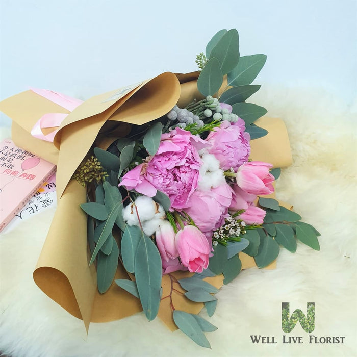 Hand Bouquet of fresh cut Pink Peony, Tulips, Cotton Flower, Silver Brunia and Foliage