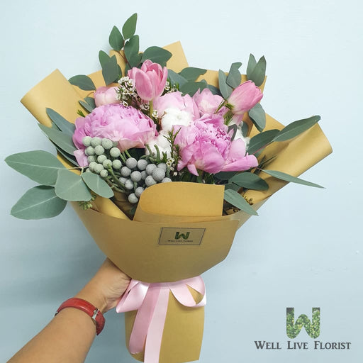 Hand Bouquet of fresh cut Pink Peony, Tulips, Cotton Flower, Silver Brunia and Foliage