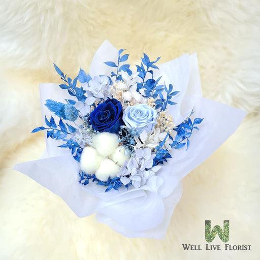 Flower Box of Preserved Roses , Hydrangea , Cotton and Dried Foliage  Box Size : 20 cm x 20 cm