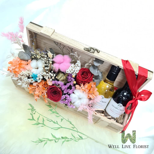 Box Arrangements of Preserved Roses, Cotton , Hydrangea, Filler Flower and Foliage 