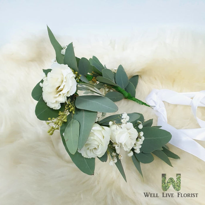 Fresh Cut White Eustoma, Baby's Breath and Foliage Flower Crown 