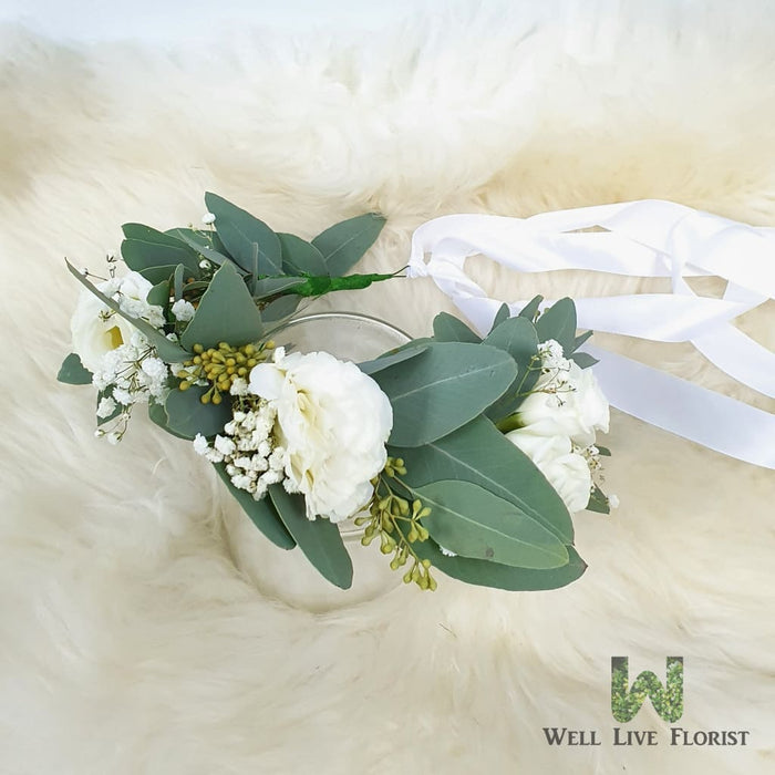 Fresh Cut White Eustoma, Baby's Breath and Foliage Flower Crown 