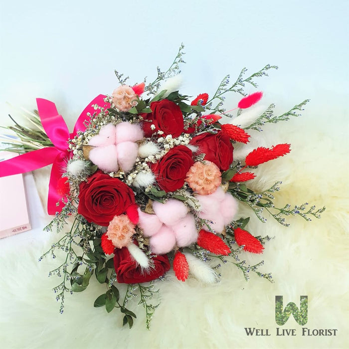 Victoria  Preserved Red Rose, Pink Cotton Flower and Dried Flower Filler