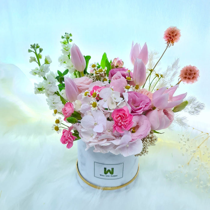Flower box, hydrangea, tulip, rose